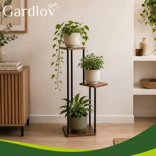 Gardlov 3-laagse metalen plantenstandaard 78 cm met MDF plateaus houtkleur loft design draagvermogen 40 kg