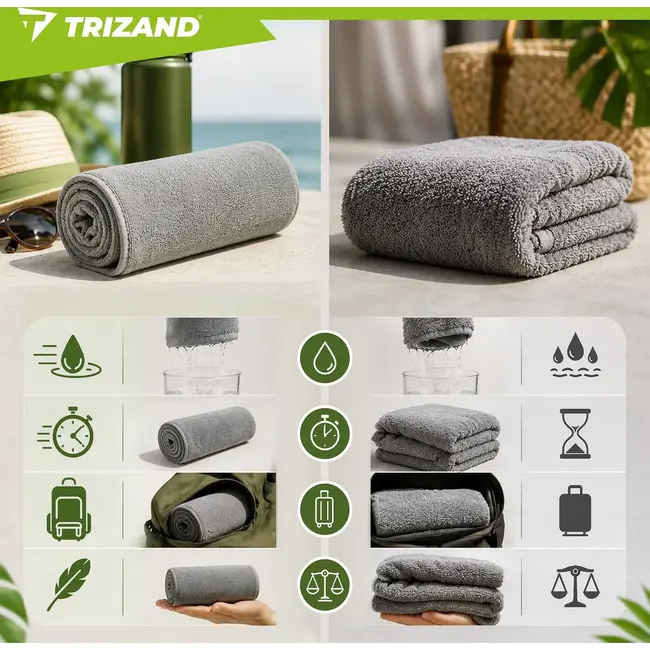 Trizand Microvezel handdoek 120 x 60 cm donkergrijs, lichtgewicht en sneldrogend met opberghoes