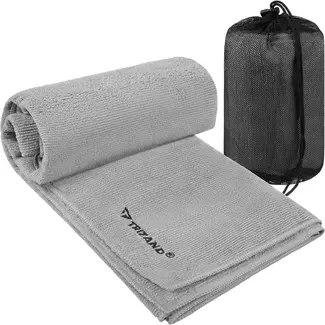Trizand Microvezel handdoek 120 x 60 cm donkergrijs, lichtgewicht en sneldrogend met opberghoes