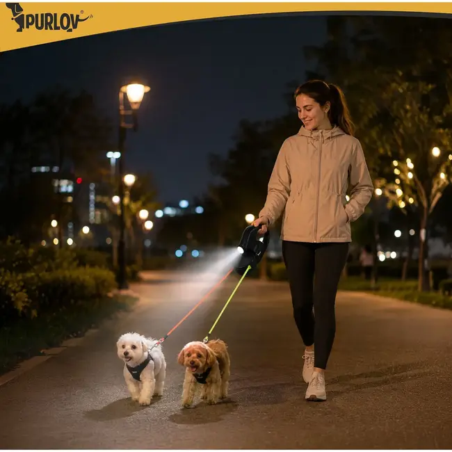 Purlov Dubbele automatische hondenriem 2 x 3 m met ledlamp, USB-C en aparte bediening per lijn