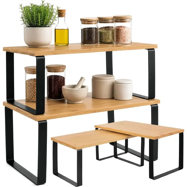 Zortiva Modulaire kruidenrekset van bamboe, 2 vrijstaande planken met zwarte ijzeren poten