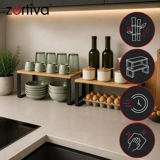 Zortiva Modulaire kruidenrekset van bamboe, 2 vrijstaande planken met zwarte ijzeren poten