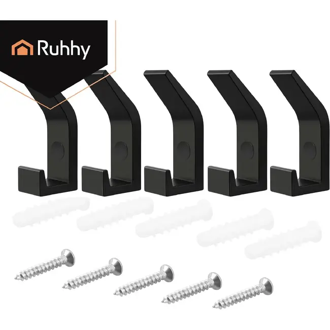 Ruhhy Metalen wandhaken set van 5 in mat zwart voor jassen, tassen, handdoeken en rugzakken