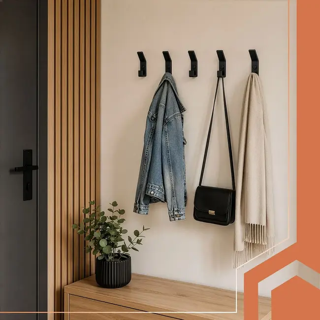 Ruhhy Metalen wandhaken set van 5 in mat zwart voor jassen, tassen, handdoeken en rugzakken