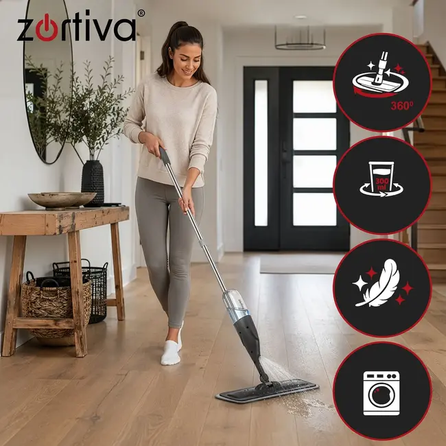 Zortiva Spraymop 300 ml met 3 wasbare microvezeldoeken en draaibare kop van 360° voor vloeren