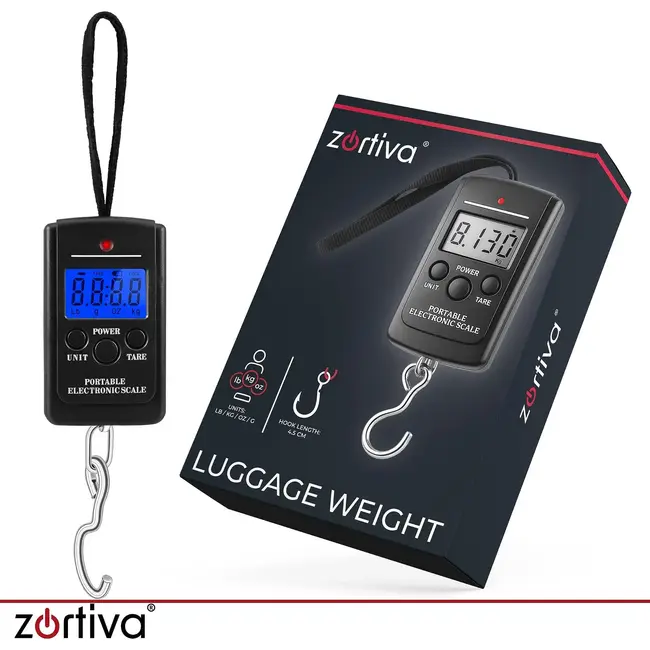 Zortiva Kofferweegschaal tot 40 kg met ledscherm, tarra en meetvergrendeling voor bagage op reis