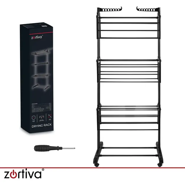 Zortiva Opvouwbaar verticaal droogrek 178 cm met 3 niveaus, 4 wielen en zijhaken voor kleding