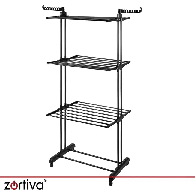 Zortiva Opvouwbaar verticaal droogrek 178 cm met 3 niveaus, 4 wielen en zijhaken voor kleding