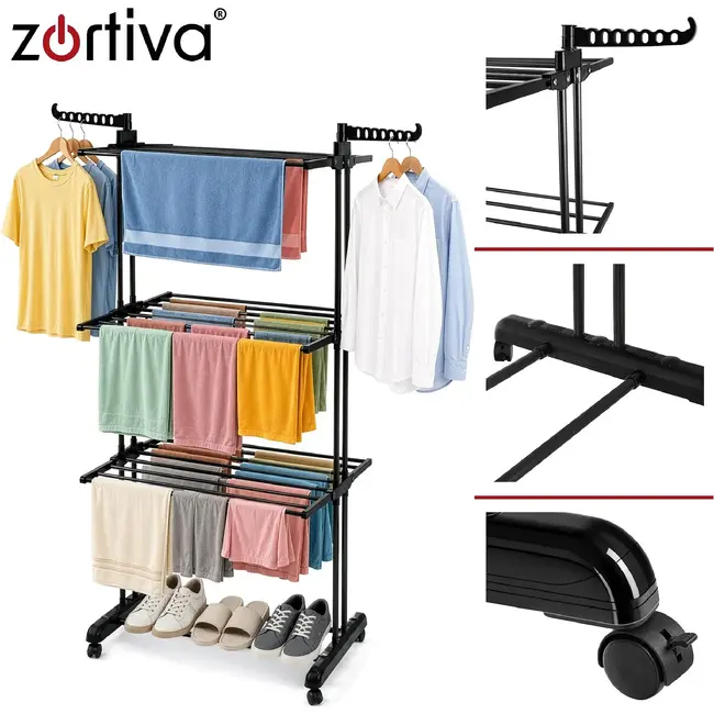 Zortiva Opvouwbaar verticaal droogrek 178 cm met 3 niveaus, 4 wielen en zijhaken voor kleding