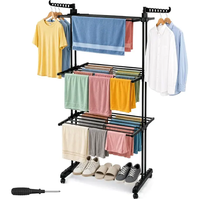 Zortiva Opvouwbaar verticaal droogrek 178 cm met 3 niveaus, 4 wielen en zijhaken voor kleding