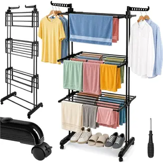 Zortiva Opvouwbaar verticaal droogrek 178 cm met 3 niveaus, 4 wielen en zijhaken voor kleding