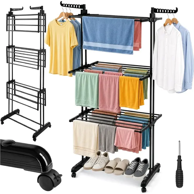 Zortiva Opvouwbaar verticaal droogrek 178 cm met 3 niveaus, 4 wielen en zijhaken voor kleding