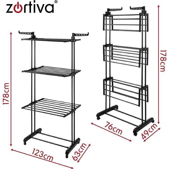 Zortiva Opvouwbaar verticaal droogrek 178 cm met 3 niveaus, 4 wielen en zijhaken voor kleding