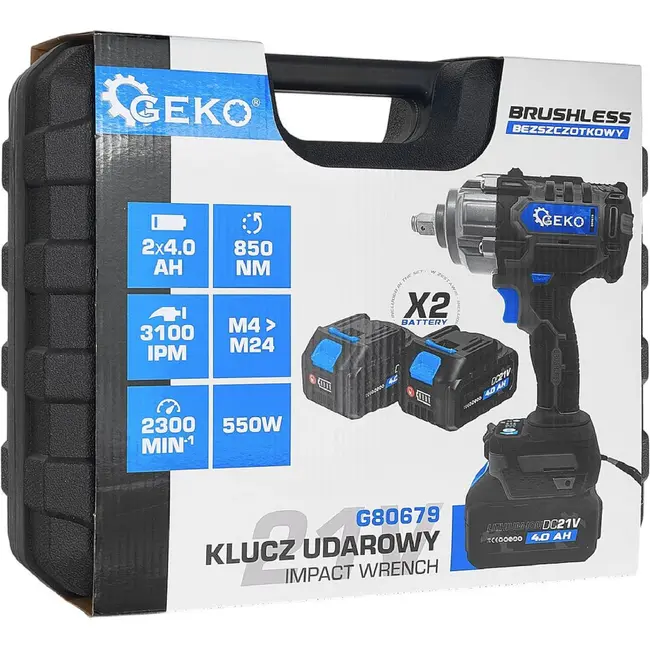 GEKO Accu slagmoersleutel 21 V 850 Nm met twee accu's van 4,0 Ah