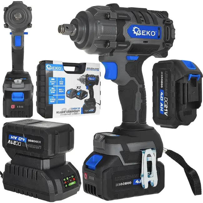 GEKO Accu slagmoersleutel 21 V 850 Nm met twee accu's van 4,0 Ah