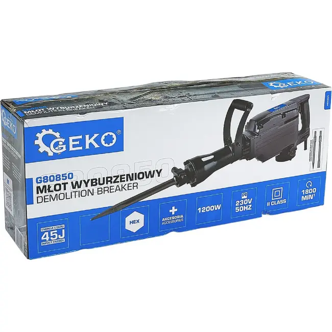 GEKO Sloophamer 45 J 1200 W met HEX opname, twee beitels, hulpgreep en opbergkoffer