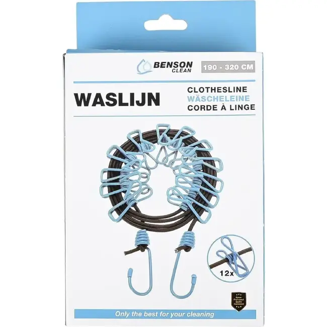 Benson Draagbare elastische waslijn - 1,9 m tot 3,2 m - 12 knijpers - zwart en blauw