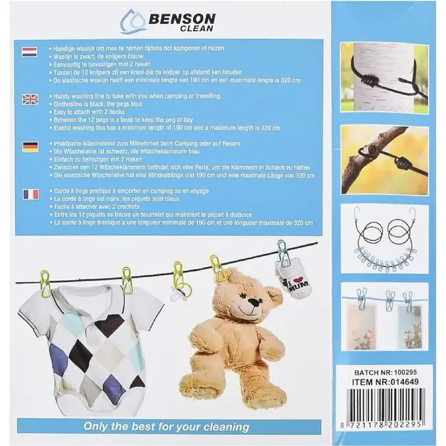 Benson Draagbare elastische waslijn - 1,9 m tot 3,2 m - 12 knijpers - zwart en blauw