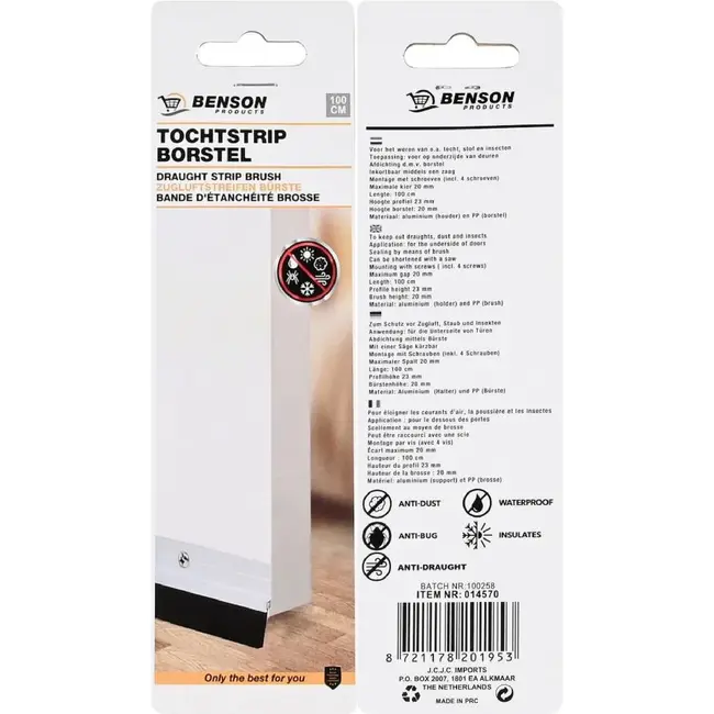 Benson Tochtstrip borstel - aluminium zilver - 100 cm - inkortbaar - voor deuren