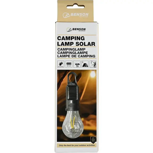 Benson Campinglamp oplaadbaar met karabijnhaak en zonnepaneel zwart