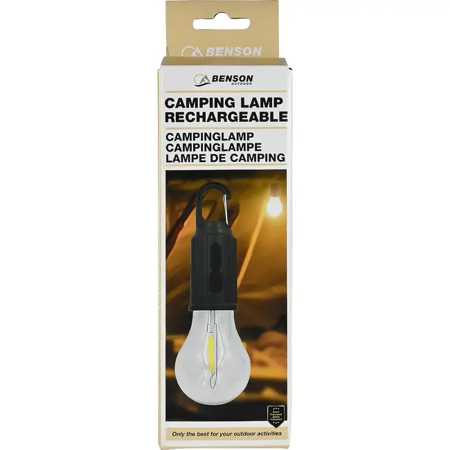 Benson Campinglamp rond oplaadbaar met karabijnhaak, 3 lichtstanden, 200 lumen en 400 mAh batterij
