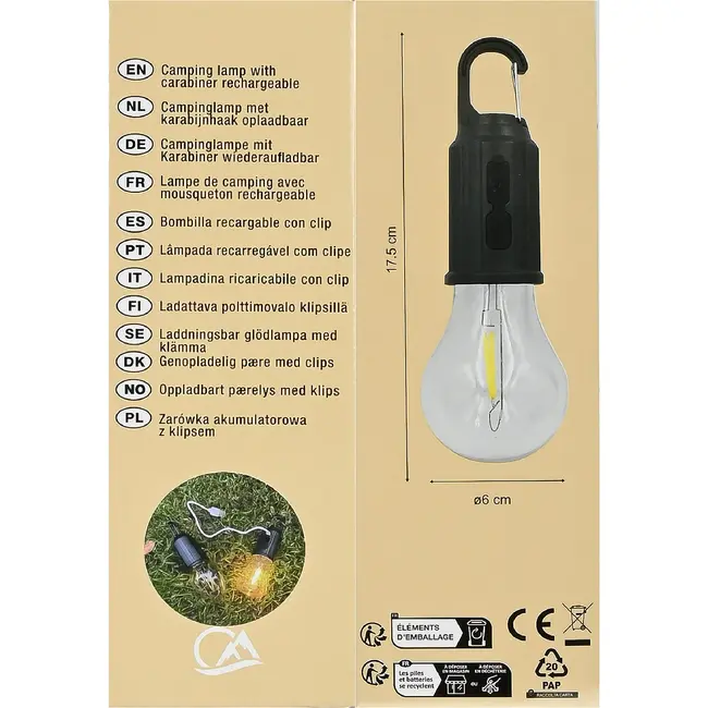 Benson Campinglamp rond oplaadbaar met karabijnhaak, 3 lichtstanden, 200 lumen en 400 mAh batterij