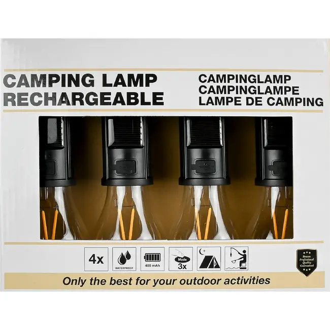 Benson Campinglamp solar 4-delig met karabijnhaak, 3 lichtstanden, dagsensor, batterij en IP44