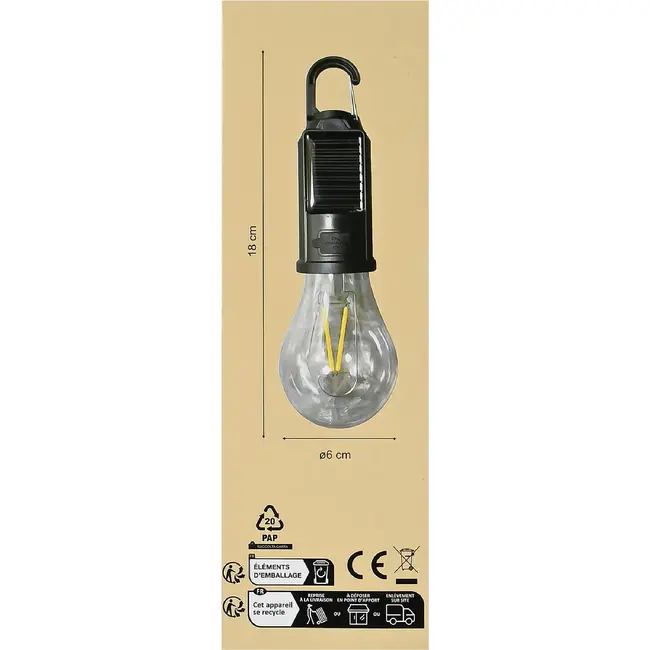 Benson Campinglamp solar 4-delig met karabijnhaak, 3 lichtstanden, dagsensor, batterij en IP44