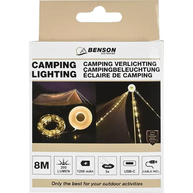 Benson Campinglamp 2-in-1 oplaadbaar met 8 meter lichtslinger, 200 lumen en 30 leds voor buiten