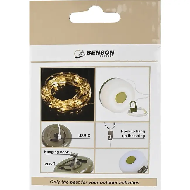 Benson Campinglamp 2-in-1 oplaadbaar met 8 meter lichtslinger, 200 lumen en 30 leds voor buiten