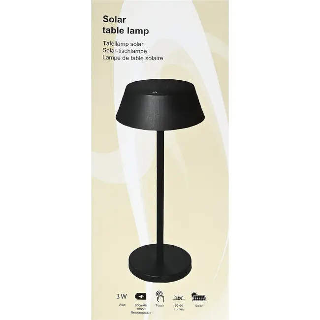 Benson Tafellamp solar zwart metaal 3 W met 120 lumen, 800 mAh accu en drie instelbare lichtstanden
