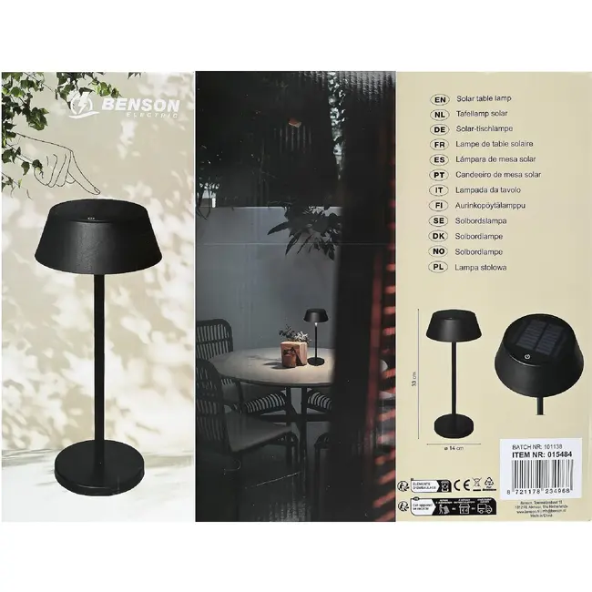Benson Tafellamp solar zwart metaal 3 W met 120 lumen, 800 mAh accu en drie instelbare lichtstanden