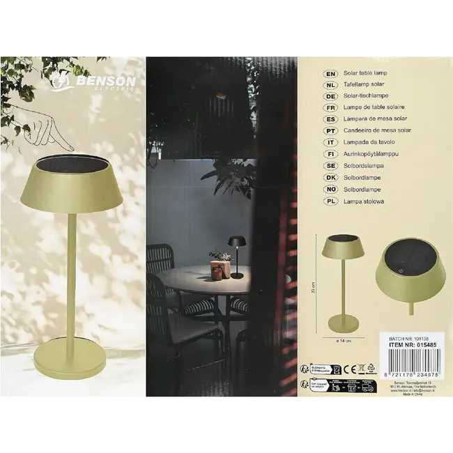 Benson Tafellamp solar beige metaal 3 W met 120 lumen, 800 mAh accu en drie instelbare lichtstanden