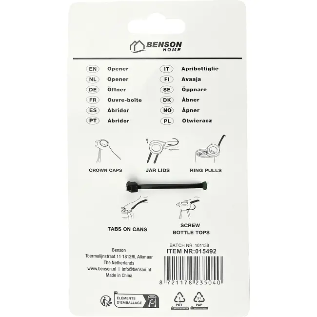 Benson Opener 5-in-1 voor kroonkurken, deksels, doppen en bliklipjes