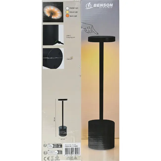 Benson Tafellamp dimbaar en oplaadbaar zwart metaal 8 x 34 cm voor tafel