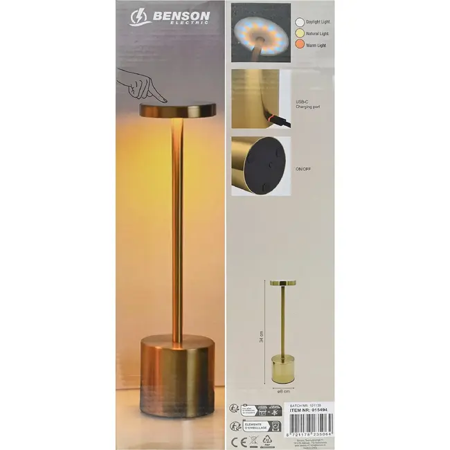 Benson Tafellamp dimbaar en oplaadbaar goud metaal 8 x 34 cm hoog