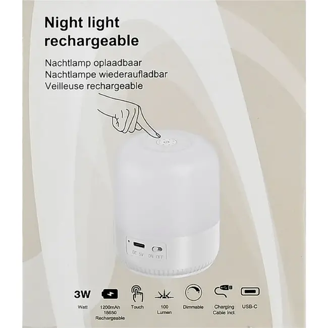 Benson Nachtlamp mini dimbaar oplaadbaar 8,6 x 7,3 cm met ABS behuizing