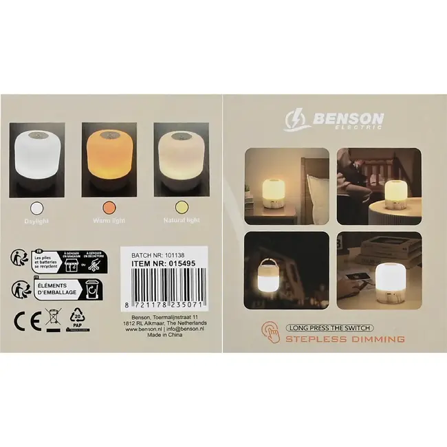 Benson Nachtlamp mini dimbaar oplaadbaar 8,6 x 7,3 cm met ABS behuizing