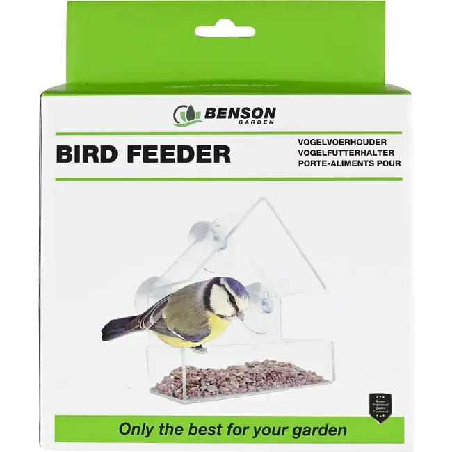 Benson Vogelvoerhouder raam 15,2 cm transparant met zuignappen en beschermend dakje voor tuinvogels