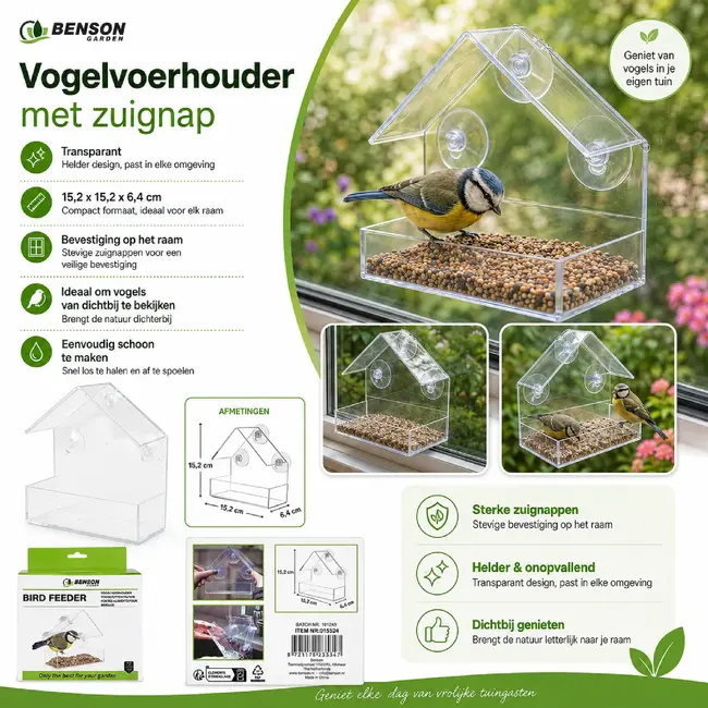Benson Vogelvoerhouder raam 15,2 cm transparant met zuignappen en beschermend dakje voor tuinvogels