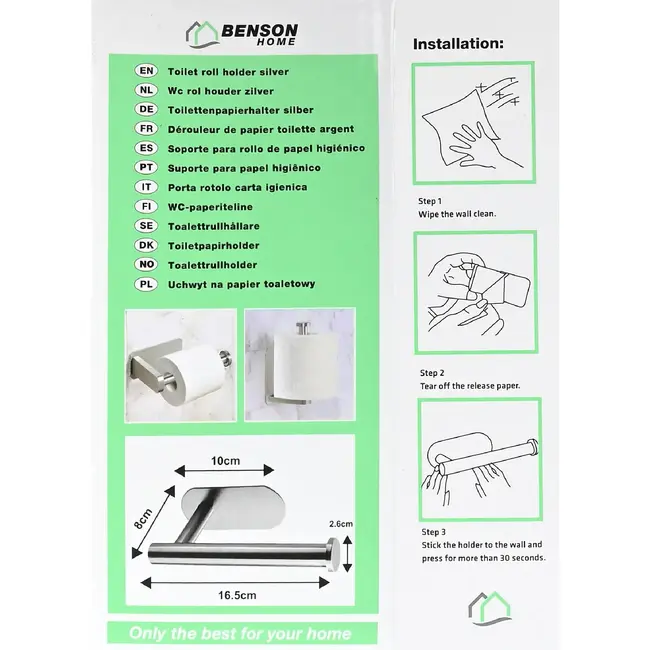 Benson Wc-rolhouder zilver zelfklevend van RVS 16,5 x 8 cm zonder boren
