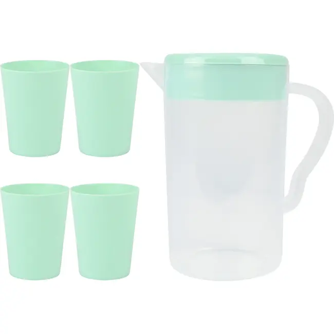 Benson Waterkan met deksel 2 liter transparant met 4 groene bekers