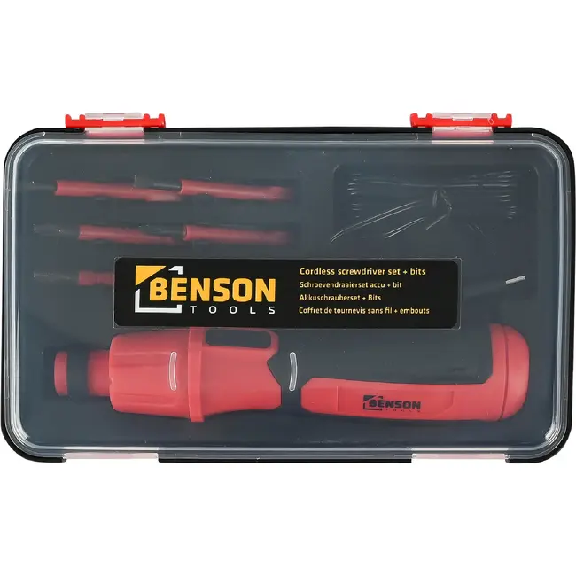 Benson Mini accuschroevendraaier met 6 bits, USB-C aansluiting en opbergkoffer voor klussen