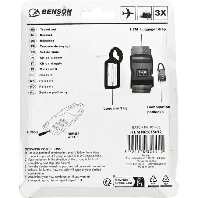 Benson Reisset 3-delig met kofferriem, cijferslot en bagagelabel