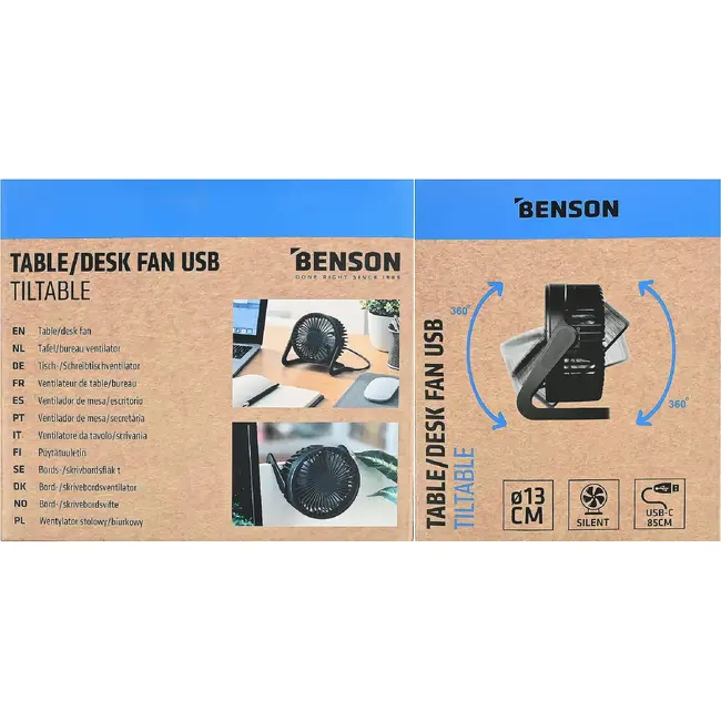 Benson Tafelventilator USB Ø 13 cm met 360° kantelbare standaard