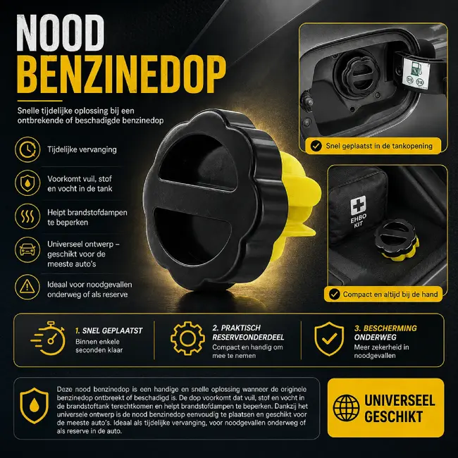Benson Noodbenzinedop universeel zwart-geel voor noodgevallen bij een ontbrekende of beschadigde dop