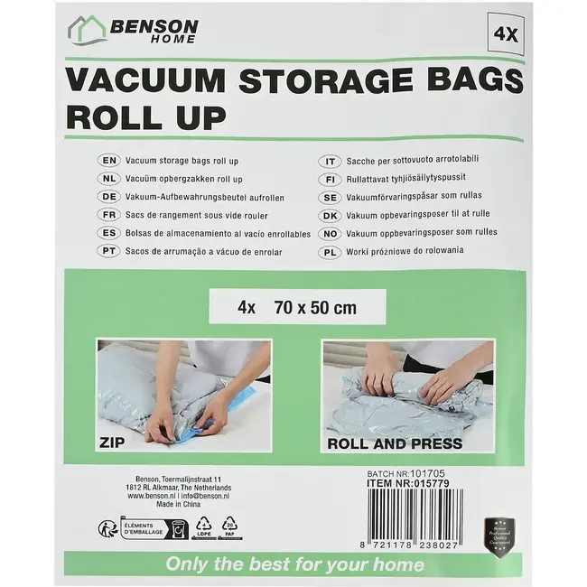 Benson Vacuüm opbergzakken roll up 70 x 50 cm - 4 herbruikbare zakken