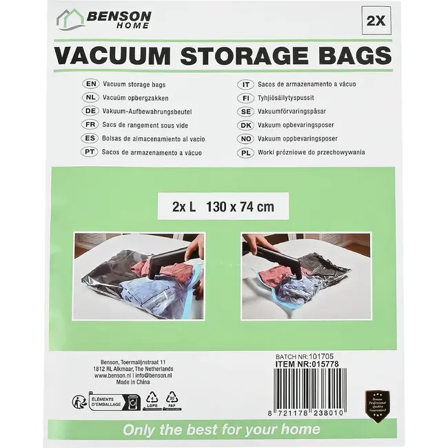 Benson Vacuüm opbergzakken L 130 x 74 cm - 2 herbruikbare zakken