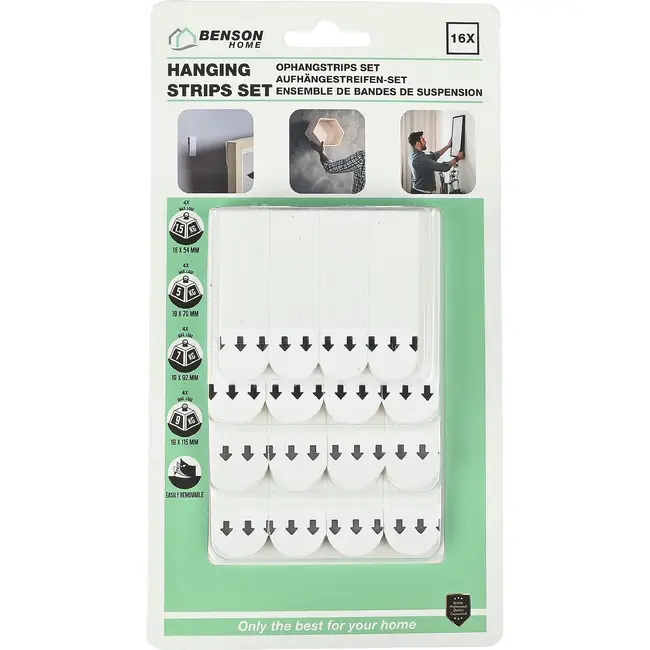 Benson Ophangstrips set 16-delig met 4 maten en draagkracht tot 9 kg
