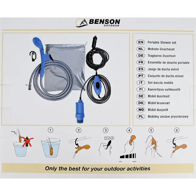 Benson Mobiele doucheset 12V met pomp, slang en handige opbergtas